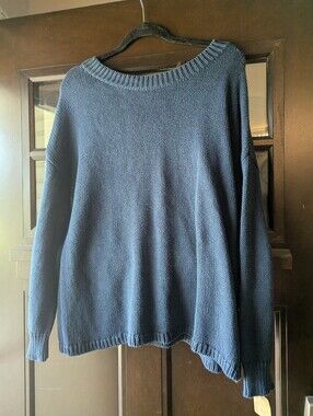 Women’s Blue Knit Pullover Sweater Oversized Crewneck Long Sleeve Boxy Cozy Top